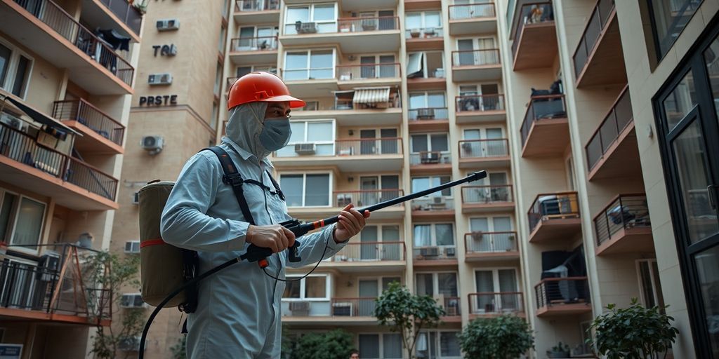 Tehnician în acțiune la dezinsecție într-un bloc.
